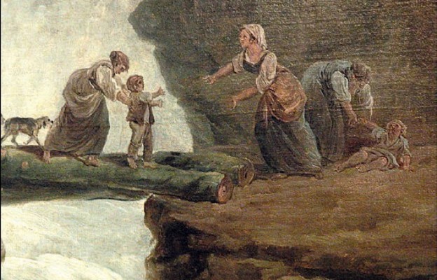 Hubert Robert, fragment obrazu „Pejzaż z wodospadem” (XIX wiek)