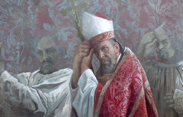 Biskup Jordan ubrany w kapę pochodzącą z Krzeszowa - obraz Andrzeja Boja Wojtowicza