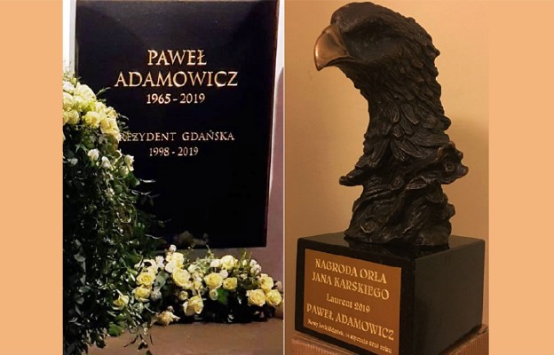 Tablica nagrobna w Bazyylice Mariackiej w Gdansku i  statueta Orła Jana Karskiego