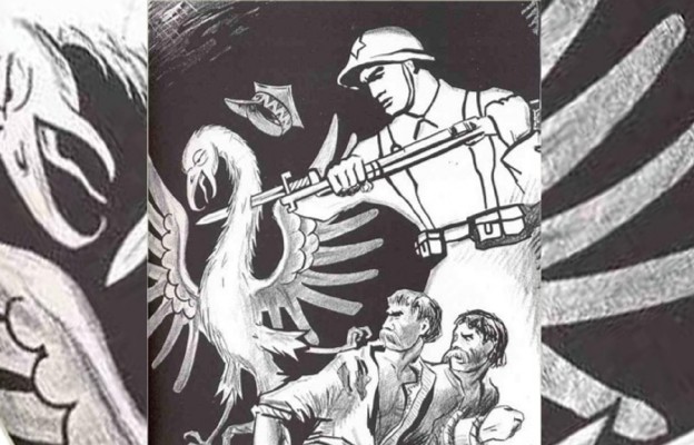 Sowiecki plakat propagandowy –
żołnierz Armii Czerwonej
zabija Białego Orła
