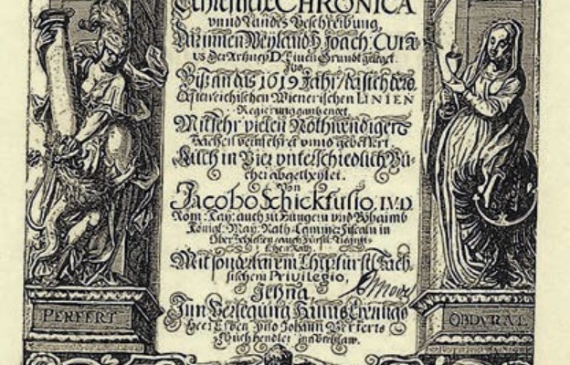 Ozdobiona tytułowa strona publikacji Chronica Jacobo Schickfusio