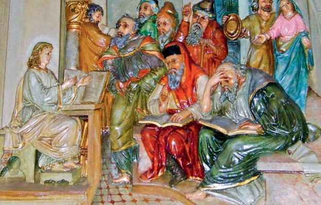 Jezus jako chłopiec naucza w świątyni (płaskorzeźba z kościoła w Sokołowie)