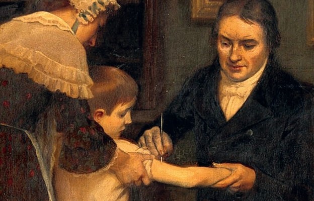 Edward Jenner przeprowadza swoje pierwsze szczepienie przeciwko ospie, ok. 1910 r