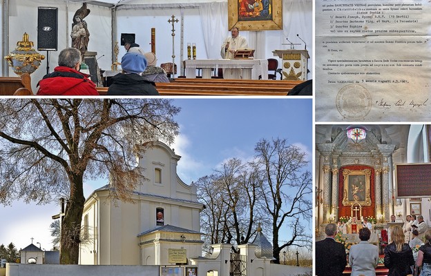 Kościół św. Józefa; zabytkowe wnętrze; dekret kard. Wyszyńskiego dotyczący odpustów; tymczasowa kaplica, w której podczas remontu sprawowane są Msze św. i nabożeństwa.