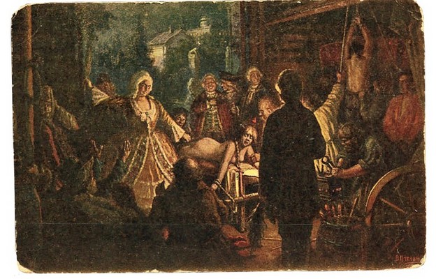 Pocztówka radziecka z początku XX wieku, która przedstawia sadystyczne
praktyki Darii Sałtykowej
