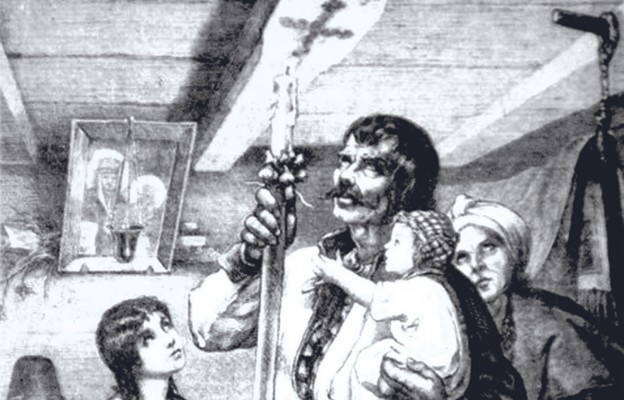 Matka Boska Gromniczna, rysunek Michała Andriollego przedstawiający wypalanie gromnicą znaku krzyża na belce stropowej chaty w dzień Matki Bożej Gromnicznej