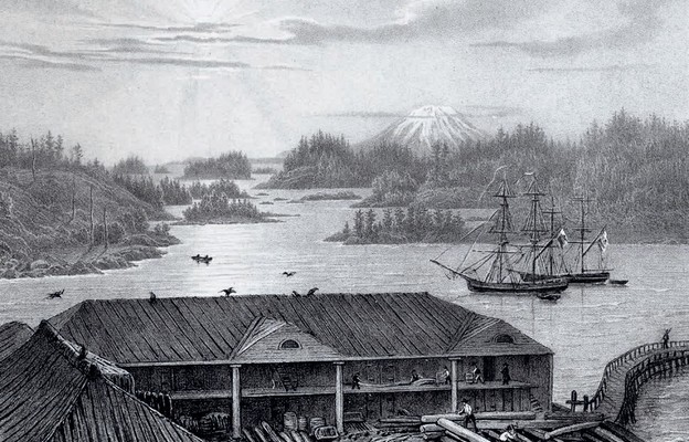 Widok na zatokę Sitka z domu gubernatora w nowoarchangielsku, litografia z początku XiX wieku