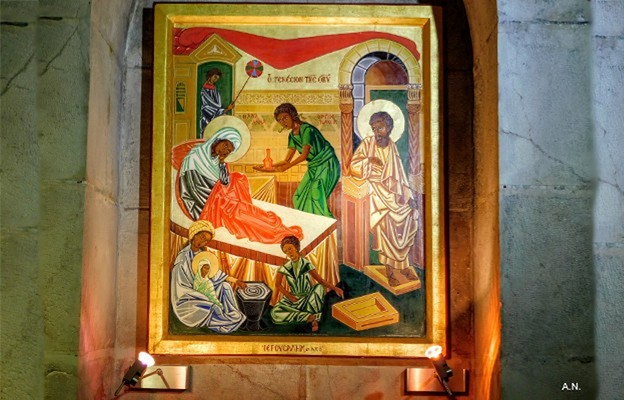 W kościele św. Anny w Jerozolimie - ikona przedstawiajaca narodzenie Maryi