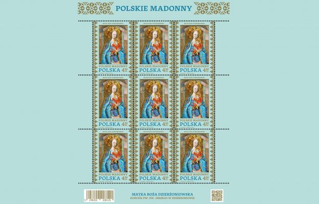 Matka Boża Dzierżoniowska. Arkusz sprzedażny zawiera 9 sztuk znaczków.