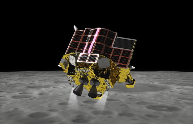Obraz udostępniony przez Japan Aerospace Exploration Agency (JAXA) 19 stycznia 2024 r. przedstawia artystyczną ilustrację fazy lądowania SLIM na Księżycu.