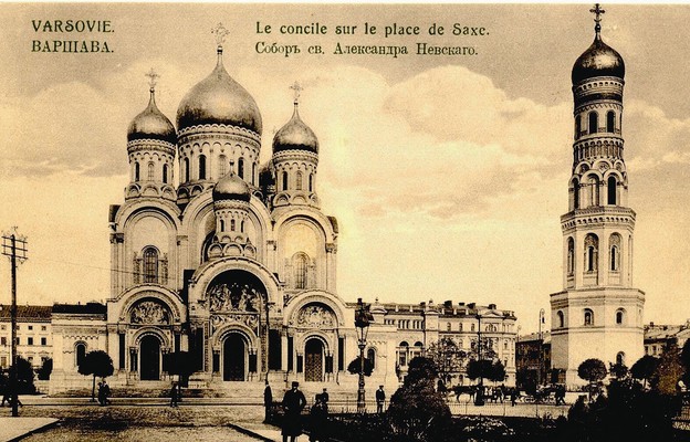 Pocztówka z widokiem soboru św. Aleksandra Newskiego na pl. Saskim w Warszawie