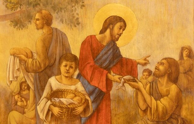 PAVIA, WŁOCHY: Obraz Cud Nakarmienie tłumu w kościele Bazyliki San Michele Maggiore autorstwa nieznanego artysty z XX w.
