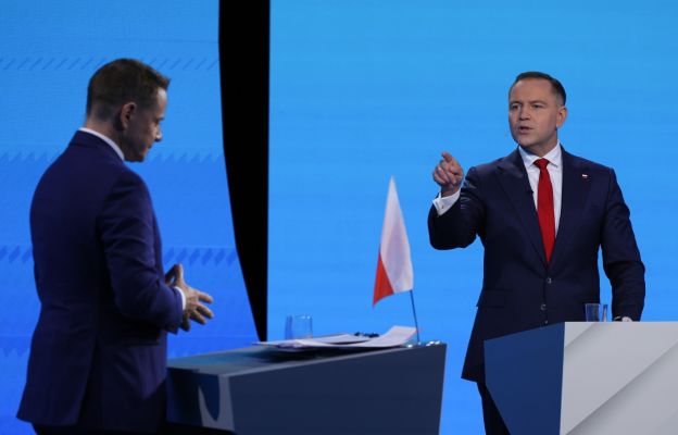 Karol Nawrocki i Rafał Trzaskowski podczas debaty